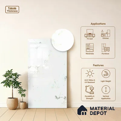 White Marble Look LM 10894 8 ft x 4 ft Glossy Finish Decorative Laminate - 1 mm | Suitable for TV Unit, Wardrobe, Kitchen Cabinets