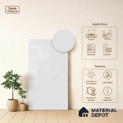White Marble Look LM 10895 8 ft x 4 ft Glossy Finish Decorative Laminate - 1 mm | Suitable for TV Unit, Wardrobe, Kitchen Cabinets