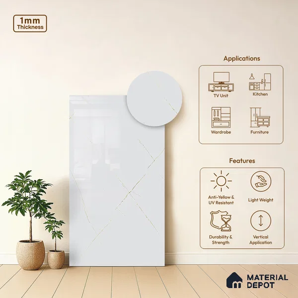 White Marble Look LM 10895 8 ft x 4 ft Glossy Finish Decorative Laminate - 1 mm | Suitable for TV Unit, Wardrobe, Kitchen Cabinets