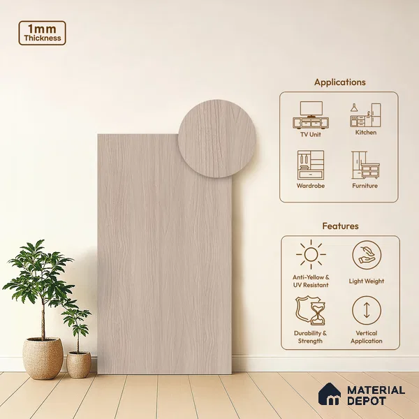 Wooden Look LM 10904 Ponderos Wood Light 8 ft x 4 ft Texture Finish Decorative Laminate - 1 mm | Suitable for TV Unit, Wardrobe, Kitchen Cabinets