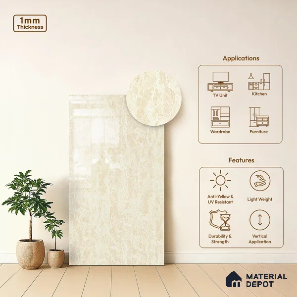 Beige Marble Look LM 10911 8 ft x 4 ft Glossy Finish Decorative Laminate - 1 mm | Suitable for TV Unit, Wardrobe, Kitchen Cabinets