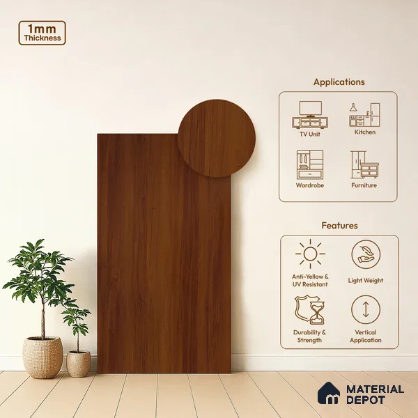 Wooden Look LM 10935 Red Teak 8 ft x 4 ft Texture Finish Decorative Laminate - 1 mm | Suitable for TV Unit, Wardrobe, Kitchen Cabinets