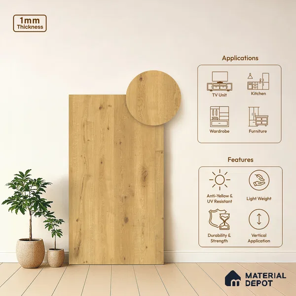 Wooden Look LM 10937 Natural Moden Oak 8 ft x 4 ft Texture Finish Decorative Laminate - 1 mm | Suitable for TV Unit, Wardrobe, Kitchen Cabinets