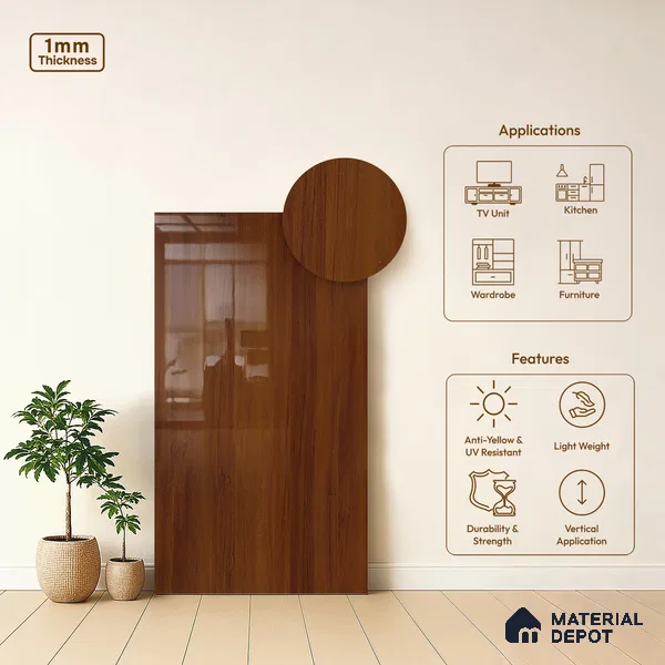Wooden Look LM 10952 Red Teak 8 ft x 4 ft Glossy Finish Decorative Laminate - 1 mm | Suitable for TV Unit, Wardrobe, Kitchen Cabinets