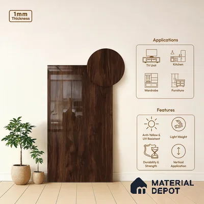 Wooden Look LM 10955 Myrtle Tuscan 8 ft x 4 ft Glossy Finish Decorative Laminate - 1 mm | Suitable for TV Unit, Wardrobe, Kitchen Cabinets
