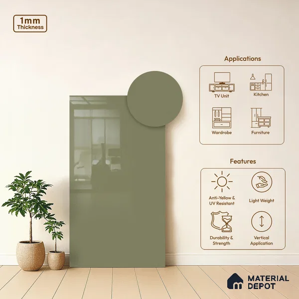 LM 19428 D Olive Solid Color Finish 8 ft x 4 ft Decorative Laminate - 1 mm | Suitable for Living Room, Kitchen, Office