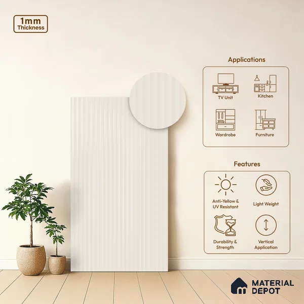 Off White Fluted Solid Color LM 21051 B Off Finish 8 ft x 4 ft Glossy Finish Decorative Laminate - 1 mm | Suitable for TV Unit,Wardrobe, Kitchen Cabinets