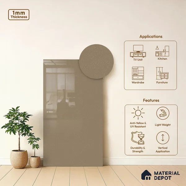 LM 19505 Perfect Beige Sheen Shine High Gloss Finish 8 ft x 4 ft Decorative Laminate - 1 mm | Suitable for TV Unit, Wardrobe, Kitchen Cabinets