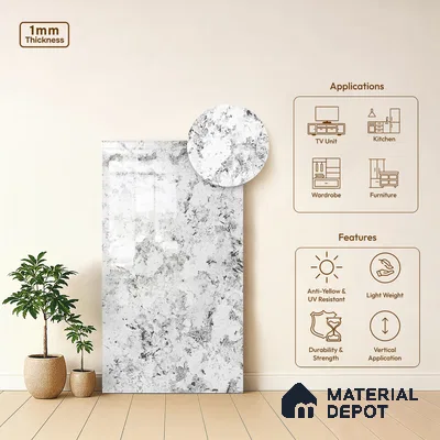 Grey Marble Look LM 20987 8 ft x 4 ft High Gloss Finish Decorative Laminate - 1 mm | Suitable for TV Unit, Wardrobe, Kitchen Cabinets