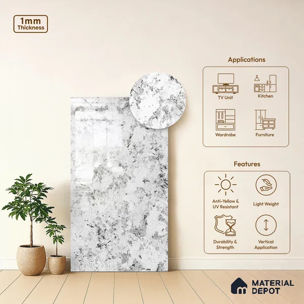 Grey Marble Look LM 20987 8 ft x 4 ft High Gloss Finish Decorative Laminate - 1 mm | Suitable for TV Unit, Wardrobe, Kitchen Cabinets