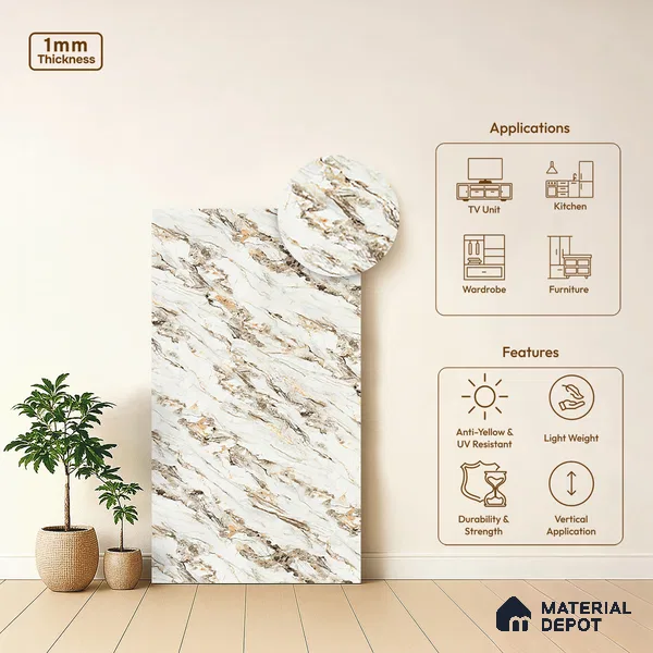 White Marble Look LM 21006 8 ft x 4 ft Matte Finish Decorative Laminate - 1 mm | Suitable for TV Unit, Wardrobe, Kitchen Cabinets