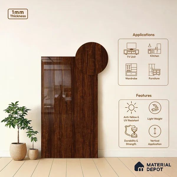Wooden Look LM 21011 8 ft x 4 ft High Gloss Finish Decorative Laminate - 1 mm | Suitable for TV Unit, Wardrobe, Kitchen Cabinets