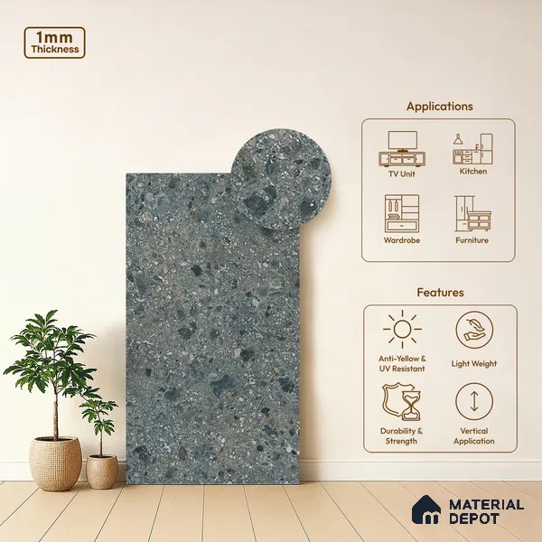 Grey Terrazzo Look LM 21015 8 ft x 4 ft Texture Finish Decorative Laminate - 1 mm | Suitable for TV Unit, Wardrobe, Kitchen Cabinets