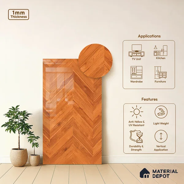 Wooden Look LM 21016 8 ft x 4 ft High Gloss Finish Decorative Laminate - 1 mm | Suitable for TV Unit, Wardrobe, Kitchen Cabinets