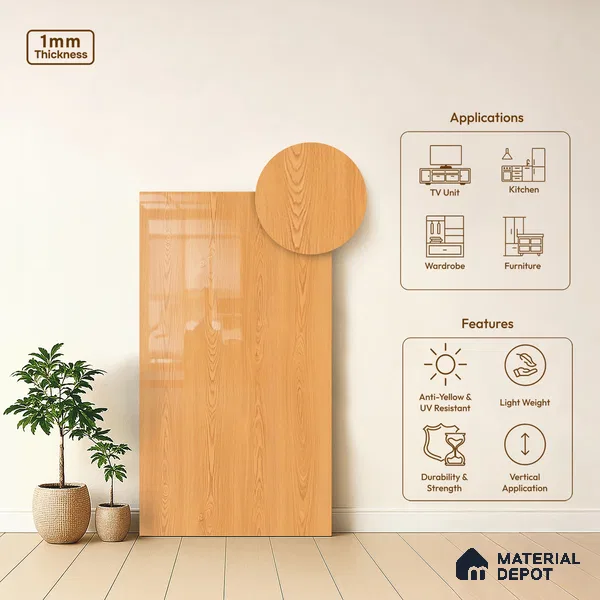 Wooden Look LM 21019 8 ft x 4 ft High Gloss Finish Decorative Laminate - 1 mm | Suitable for TV Unit, Wardrobe, Kitchen Cabinets
