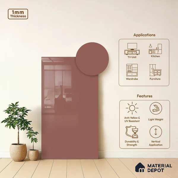 LM 21046 Dusty Rose Pink High Gloss Finish 8 ft x 4 ft Decorative Laminate - 1 mm | Suitable for Living Room, Kitchen, Office