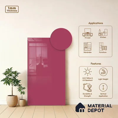 LM 21052 Hot Pink High Gloss Finish 8 ft x 4 ft Decorative Laminate - 1 mm | Suitable for Living Room, Kitchen, Office