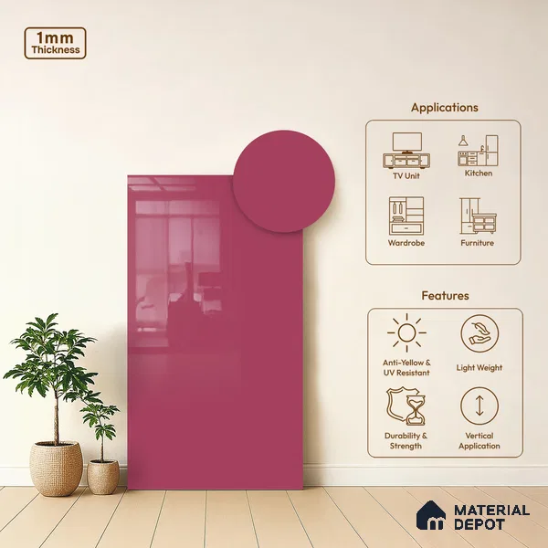 LM 21052 Hot Pink High Gloss Finish 8 ft x 4 ft Decorative Laminate - 1 mm | Suitable for Living Room, Kitchen, Office