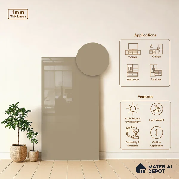 LM 21061 Taupe Beige High Gloss Finish 8 ft x 4 ft Decorative Laminate - 1 mm | Suitable for Living Room, Kitchen, Office