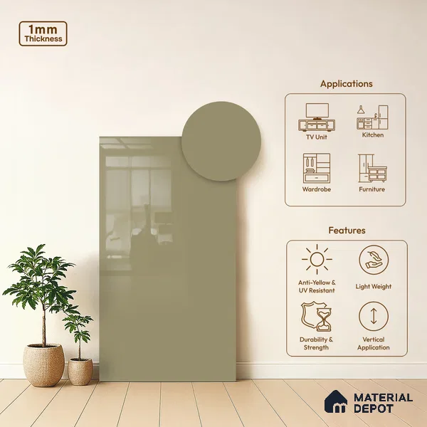 LM 21065 Beige Solid Color High Gloss Finish 8 ft x 4 ft Decorative Laminate - 1 mm | Suitable for Living Room, Kitchen, Office