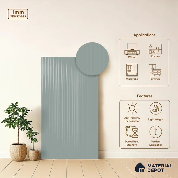 Fluted Solid Color Look LM 21068 B Azure High Gloss Finish 8 ft x 4 ft Decorative Laminate - 1 mm | Suitable for TV Unit, Wardrobe, Kitchen Cabinets