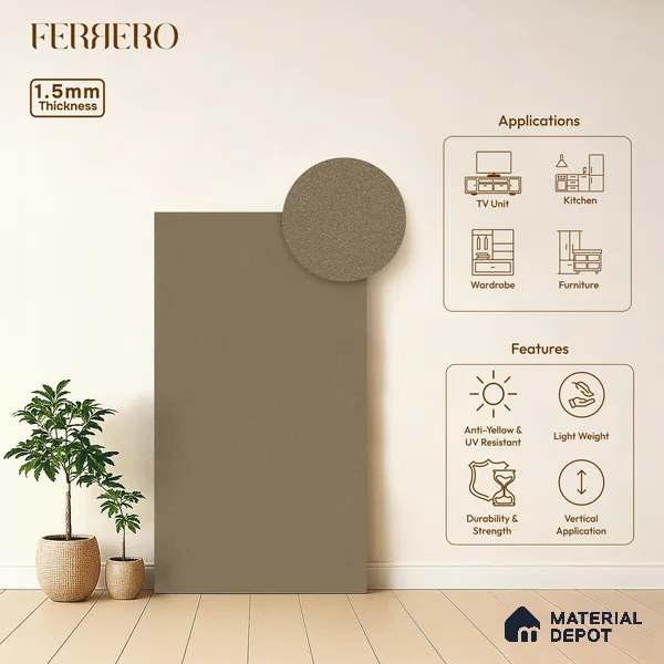 Taupe Brown Solid Color Acrylic Laminate LM 24327 8 ft x 4 ft High Gloss Finish - 1.5 mm | Matching Edgeband code - EB 02117 | Suitable for Living Room, Kitchen, Office