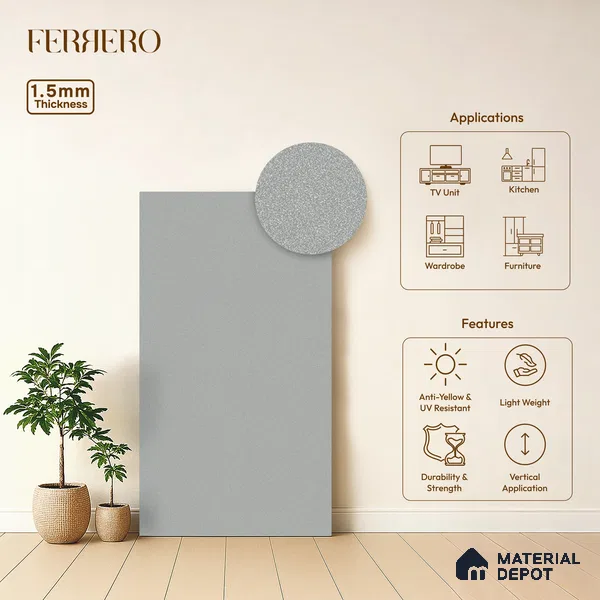 Light Grey Solid Color Acrylic Laminate LM 24334 8 ft x 4 ft High Gloss Finish - 1.5 mm | Matching Edgeband code - EB 02124 | Suitable for Living Room, Kitchen, Office