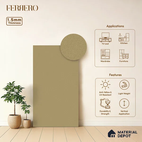 Beige Acrylic Laminate LM 24550 8 ft x 4 ft High Gloss Finish - 1.5 mm | Matching Edgeband code - EB 02110 | Suitable for TV Unit, Wardrobe, Cabinets