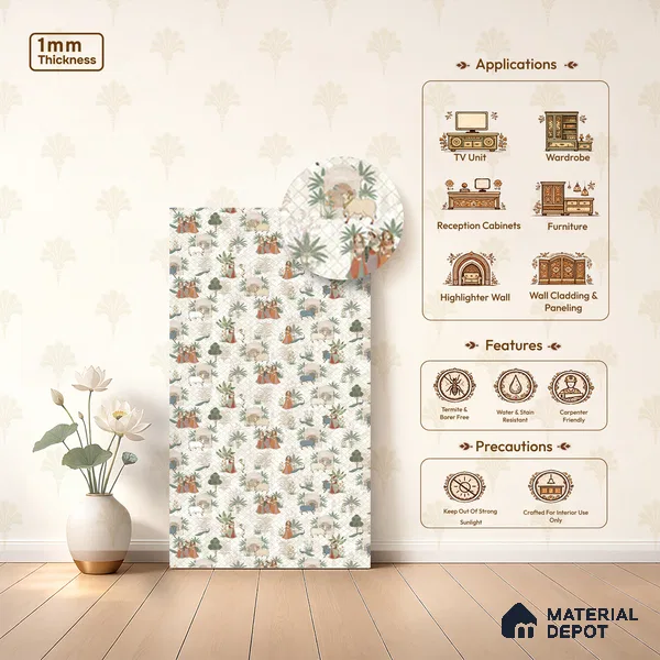 Beige Digital look LM 23935 Vrindavana Pichwai Art 8 ft x 4 ft Texture Finish Decorative Laminate - 1 mm | Suitable for Living room,TV Unit, Highlighter Wall, Wardrobe, Feature Wall