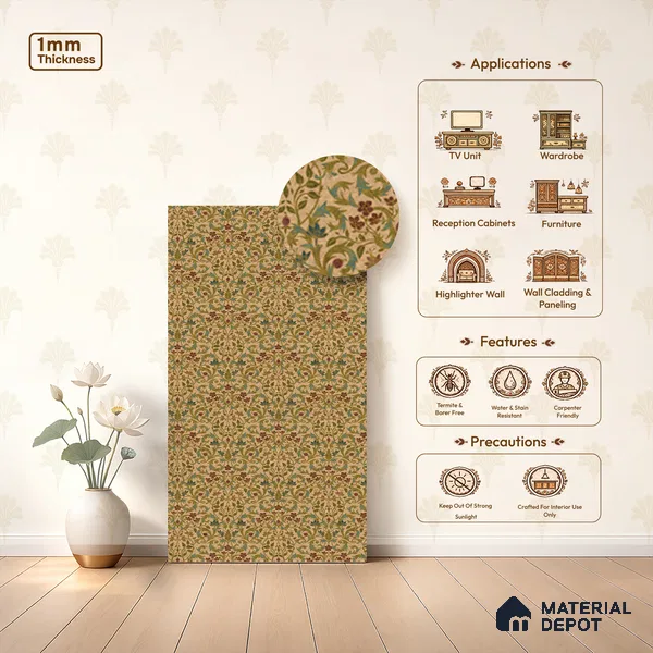 Brown Digital look LM 23938 Fulkari Mughal Floral Art 8 ft x 4 ft Texture Finish Decorative Laminate - 1 mm | Suitable for Living room,TV Unit, Highlighter Wall, Wardrobe, Feature Wall