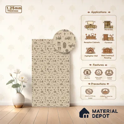 Beige Digital look LM 23944 Gramchitra Warli Art 8 ft x 4 ft Texture Finish Decorative Laminate - 1.25 mm | Suitable for Living room,TV Unit, Highlighter Wall, Wardrobe, Feature Wall