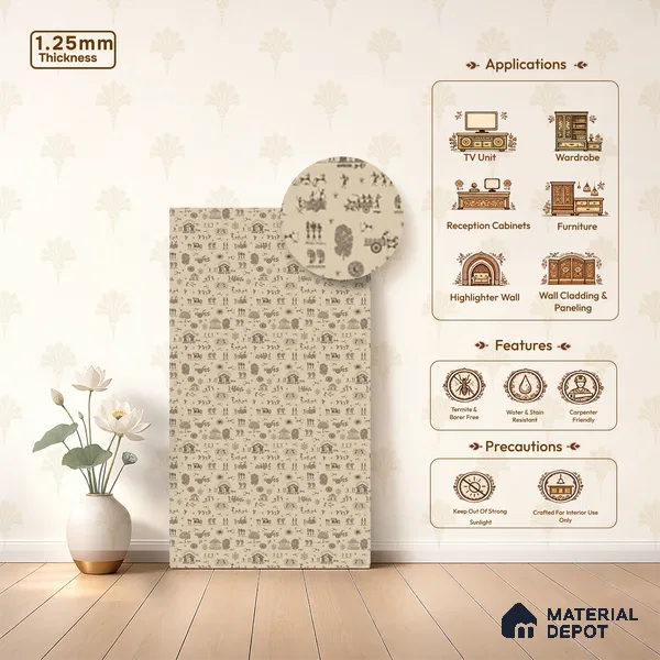 Beige Digital look LM 23944 Gramchitra Warli Art 8 ft x 4 ft Texture Finish Decorative Laminate - 1.25 mm | Suitable for Living room,TV Unit, Highlighter Wall, Wardrobe, Feature Wall