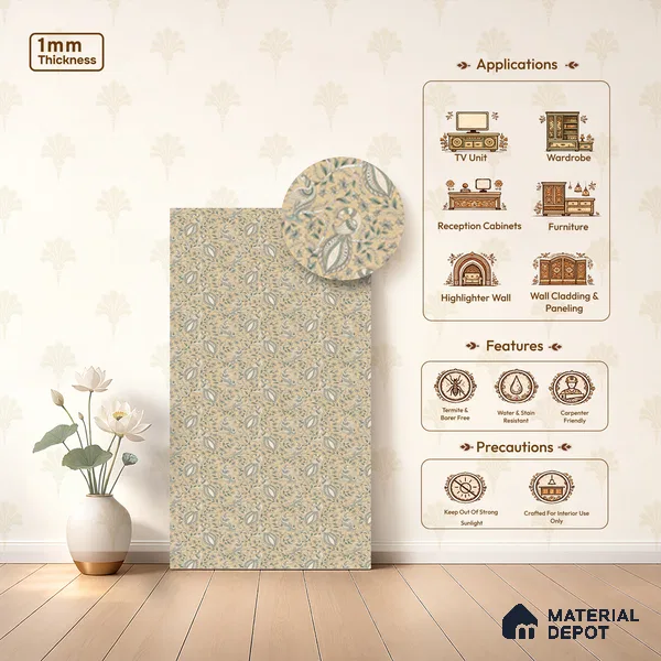 Beige Digital look LM 23945 Morchitra Kalamkari Art 8 ft x 4 ft Texture Finish Decorative Laminate - 1 mm | Suitable for Living room,TV Unit, Highlighter Wall, Wardrobe, Feature Wall