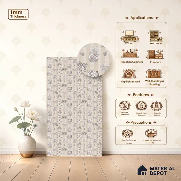 Beige Digital look LM 23946 Madhuvan Madhubani 8 ft x 4 ft Texture Finish Decorative Laminate - 1 mm | Suitable for Living room,TV Unit, Highlighter Wall, Wardrobe, Feature Wall