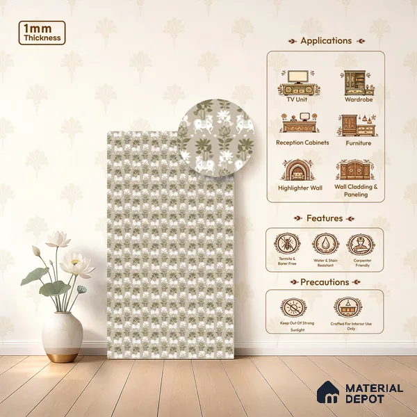 Green Digital look LM 23948 Gaukala Pichwai Art 8 ft x 4 ft Texture Finish Decorative Laminate - 1 mm | Suitable for Living room,TV Unit, Highlighter Wall, Wardrobe, Feature Wall