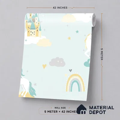 5148-1 | Mint Green Castle & Unicorn PVC Patterned Wallpaper - 5 Meter x 42 Inch, 57 Sq. Ft. (Min. 15% Wastage)