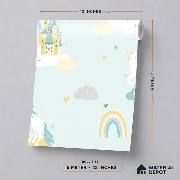 5148-1 | Mint Green Castle & Unicorn PVC Patterned Wallpaper - 5 Meter x 42 Inch, 57 Sq. Ft. (Min. 15% Wastage)
