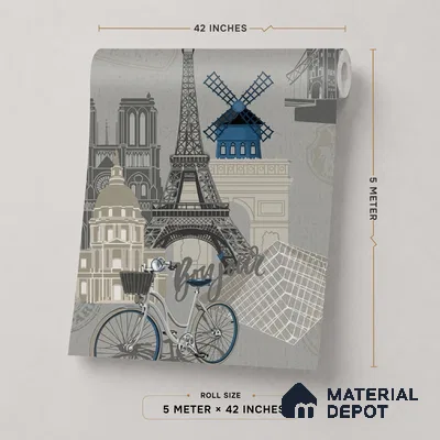 5129-2 | Charcoal Grey Paris Landmarks PVC Patterned Wallpaper - 5 Meter x 42 Inch, 57 Sq. Ft. (Min. 15% Wastage)