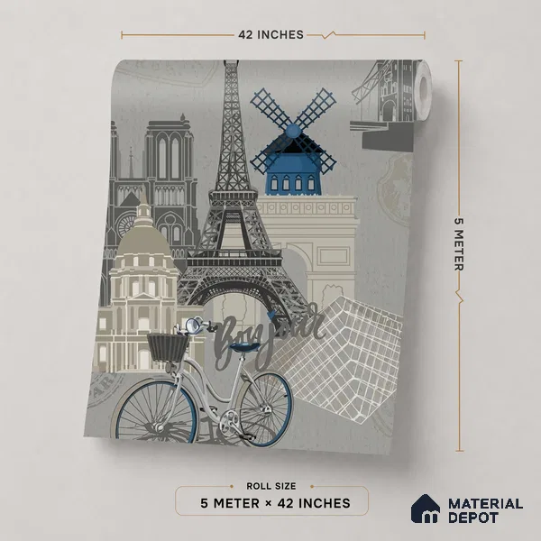 5129-2 | Charcoal Grey Paris Landmarks PVC Patterned Wallpaper - 5 Meter x 42 Inch, 57 Sq. Ft. (Min. 15% Wastage)