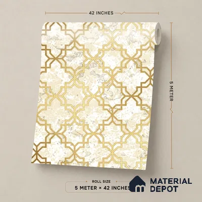 88386-2 | Gold & Cream Quatrefoil Trellis PVC Patterned Wallpaper - 5 Meter x 42 Inch, 57 Sq. Ft. (Min. 15% Wastage)