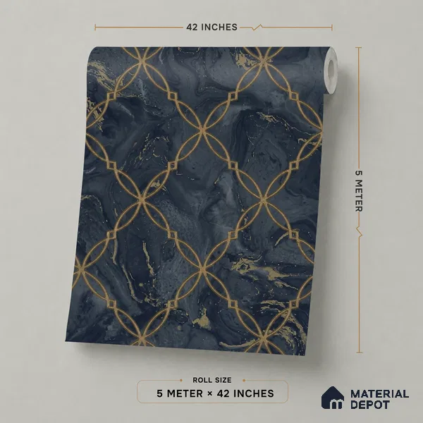 88499-3 | Navy & Gold Circle Lattice PVC Patterned Wallpaper - 5 Meter x 42 Inch, 57 Sq. Ft. (Min. 15% Wastage)