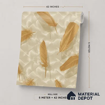 88486-2 | Gold & Beige Falling Feathers PVC Patterned Wallpaper - 5 Meter x 42 Inch, 57 Sq. Ft. (Min. 15% Wastage)