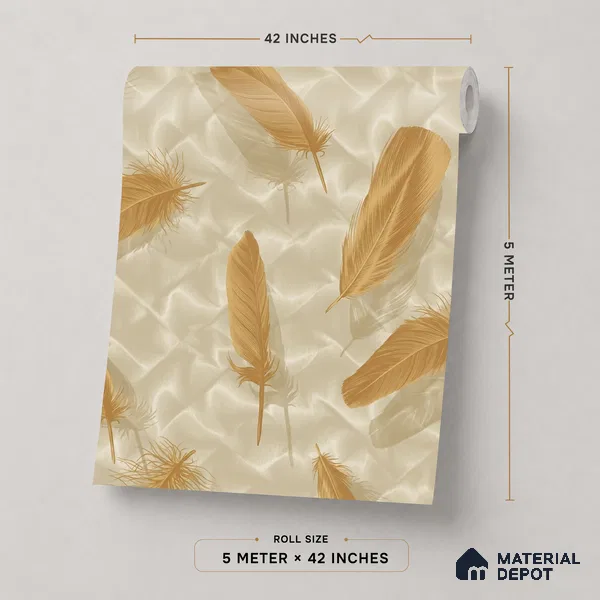 88486-2 | Gold & Beige Falling Feathers PVC Patterned Wallpaper - 5 Meter x 42 Inch, 57 Sq. Ft. (Min. 15% Wastage)