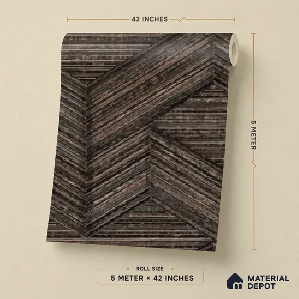 81295-5 | Dark Wenge Brown Herringbone Weave Wood PVC Patterned Wallpaper - 5 Meter x 42 Inch, 57 Sq. Ft. (Min. 15% Wastage)