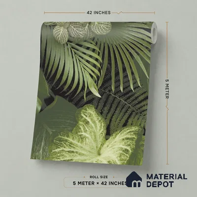 74016-3 | Green Palm Jungle PVC Floral Wallpaper - 5 Meter x 42 Inch, 57 Sq. Ft. (Min. 15% Wastage)