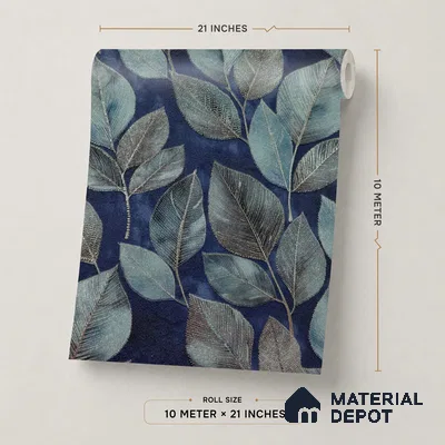 2109 -1 | Navy Veined Leaves Floral Wallpaper - 10 Meter x 21 Inches, 57.41 Sq. Ft.