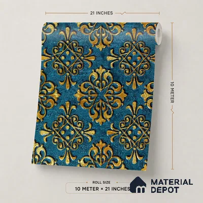 2113 -1 | Teal & Gold Quatrefoil Medallion Damask Patterned Wallpaper - 10 Meter x 21 Inches, 57.41 Sq. Ft.