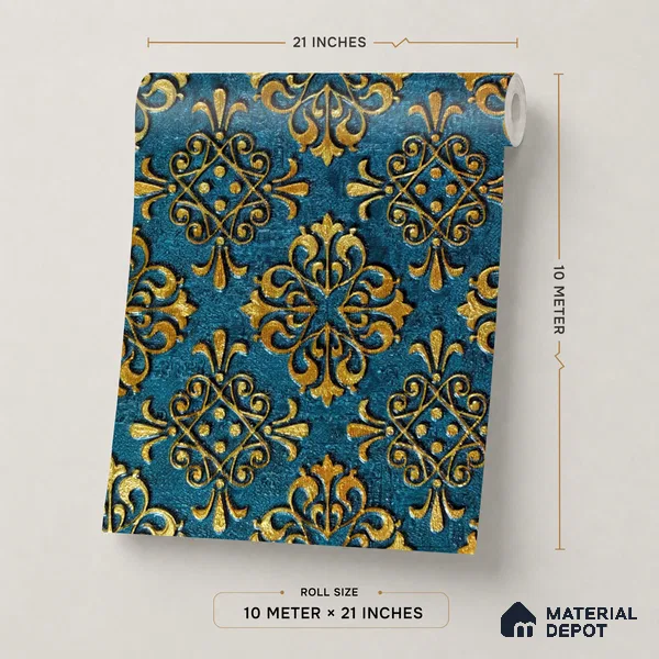 2113 -1 | Teal & Gold Quatrefoil Medallion Damask Patterned Wallpaper - 10 Meter x 21 Inches, 57.41 Sq. Ft.