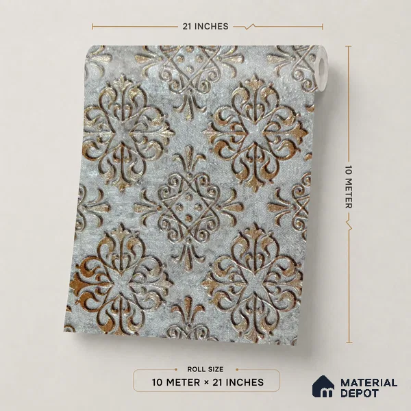 2113 -4 | Grey & Brown Quatrefoil Medallion Damask Patterned Wallpaper - 10 Meter x 21 Inches, 57.41 Sq. Ft.