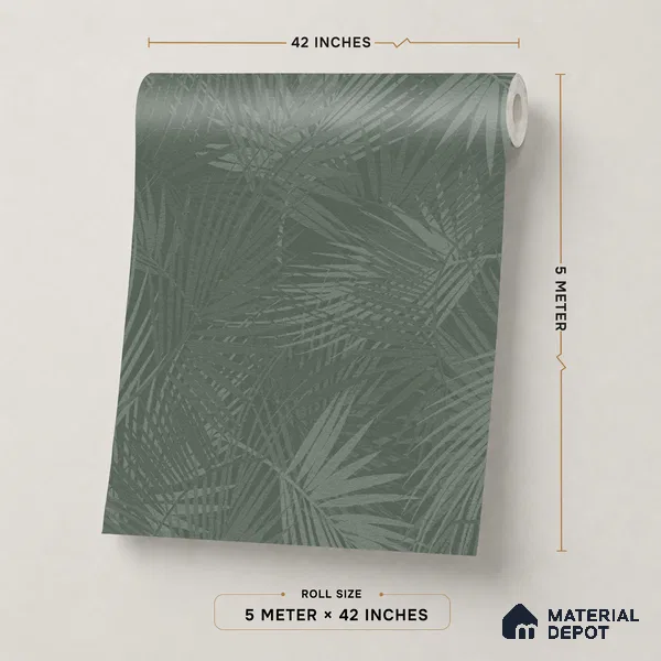 88532-3 | Green Palm Fronds PVC Floral Wallpaper - 5 Meter x 42 Inch, 57.41 Sq. Ft. (Min. 15% Wastage)